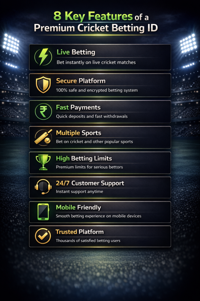 premium cricket betting ID features infographic 2026