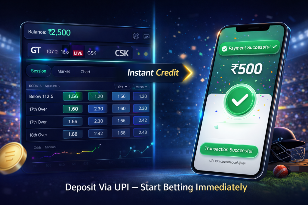 "Live cricket betting dashboard interface showing active bets and UPI deposit option