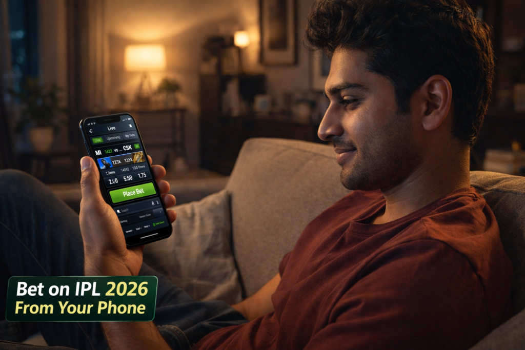 Person using mobile phone for IPL betting – cricket betting ID on smartphone India