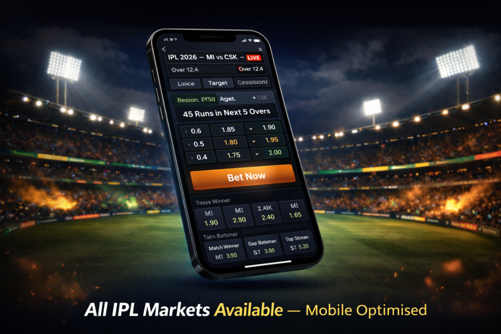 Live cricket betting dashboard showing IPL 2026 session and match betting markets