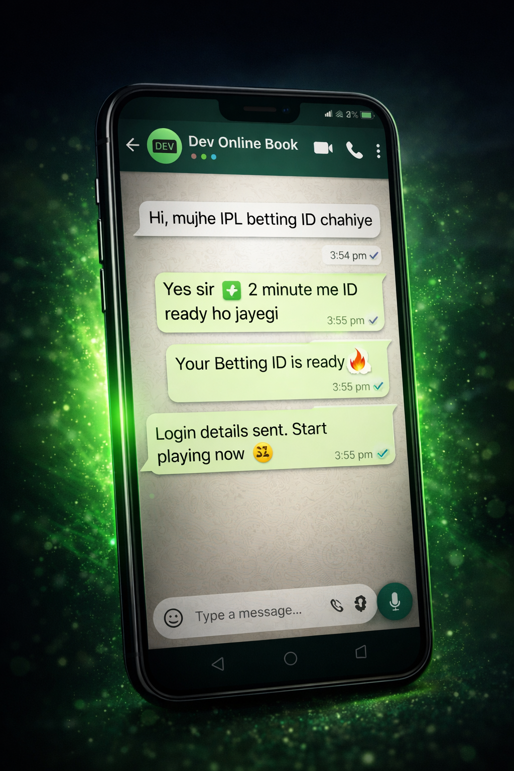 WhatsApp chat conversation getting IPL betting ID from Dev Online Book